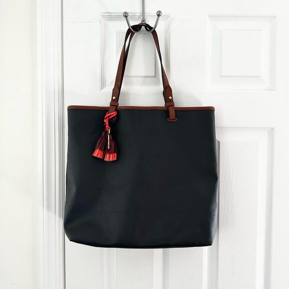 Fossil Rachel NS Black Coated Contrast Tan Leather Strap Trim Shoulder Tote